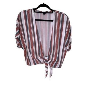 Style Envy Womens Striped Tie Front Crop Top Rust‎ Blue White Rayon Blouse Large
